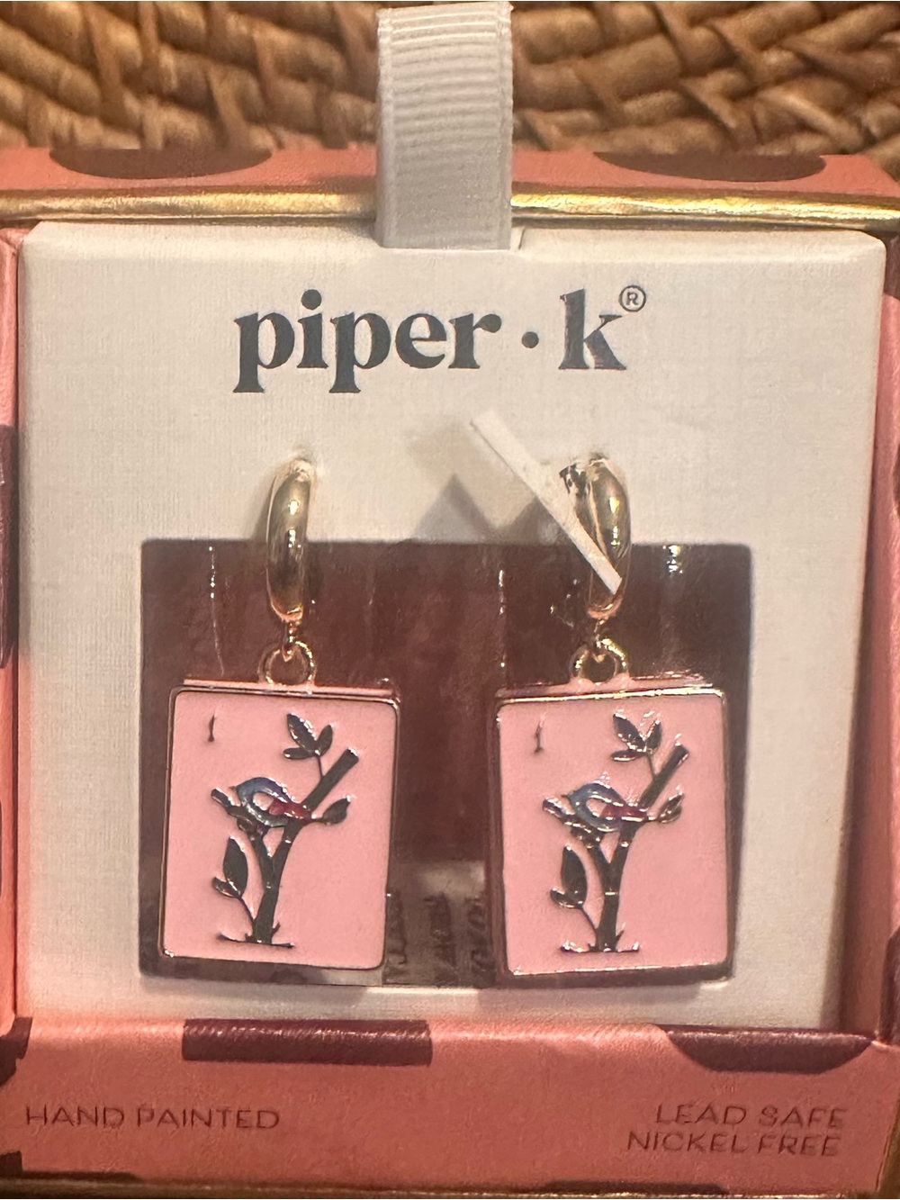 Piper K Hand Painted Enamel Pink & Gold Mahjong Huggie Drop Earrings New In Box